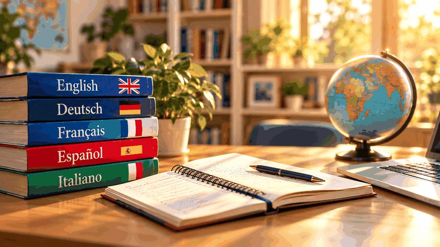Учебник, лаптоп, слушалки и материали за езиково обучение